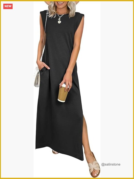 Dresses & Skirts - Women's Sleeveless Maxi Dress Crewneck Side Slit Wrinkle-Free Beach Vacation